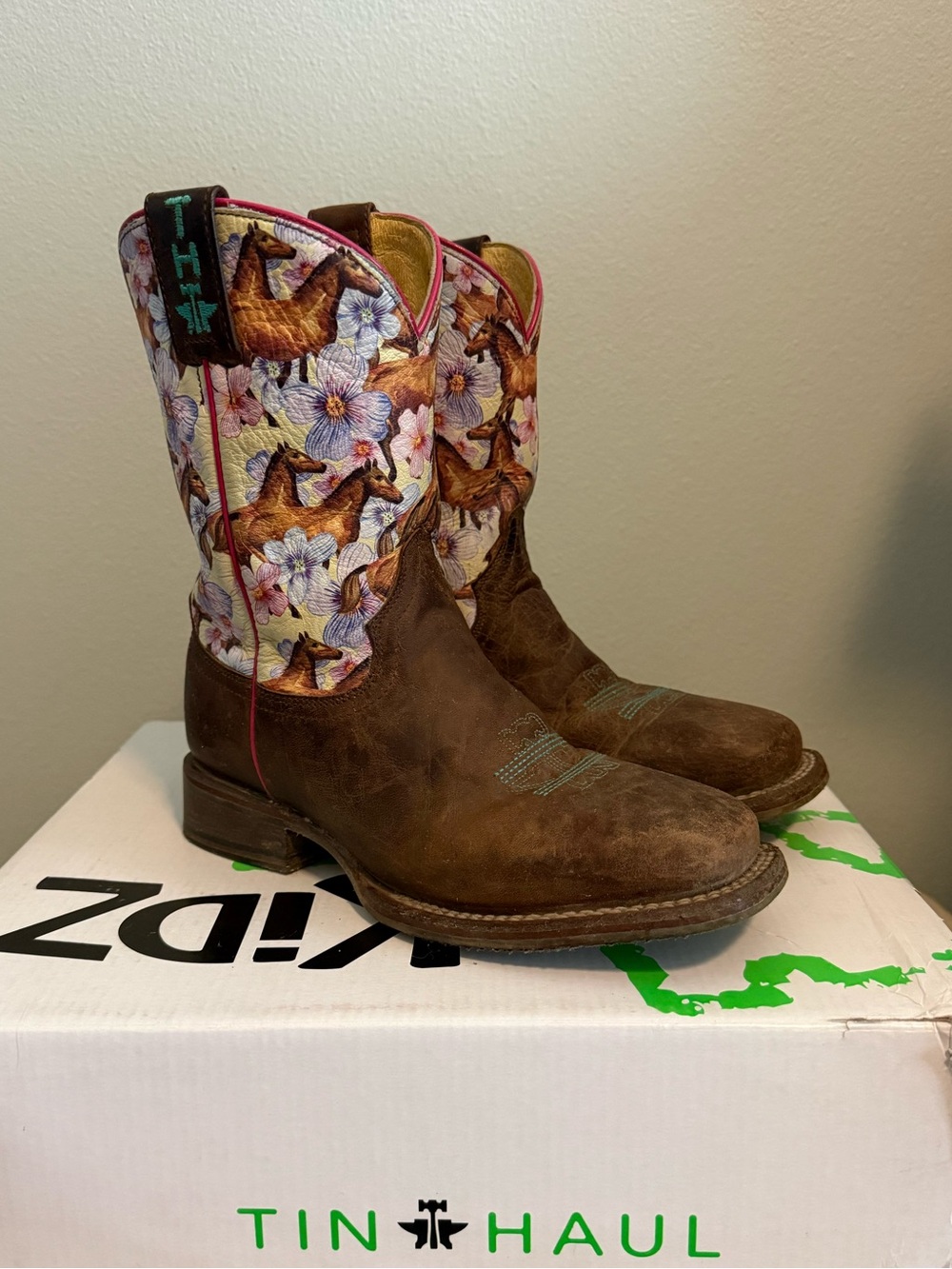 Tin Haul Brown Leather Lace-Up Western Boots with Floral Shaft